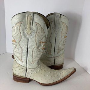 Mens Espolon De Oro White Ostrich Leather Boots Embroidered Wings 10